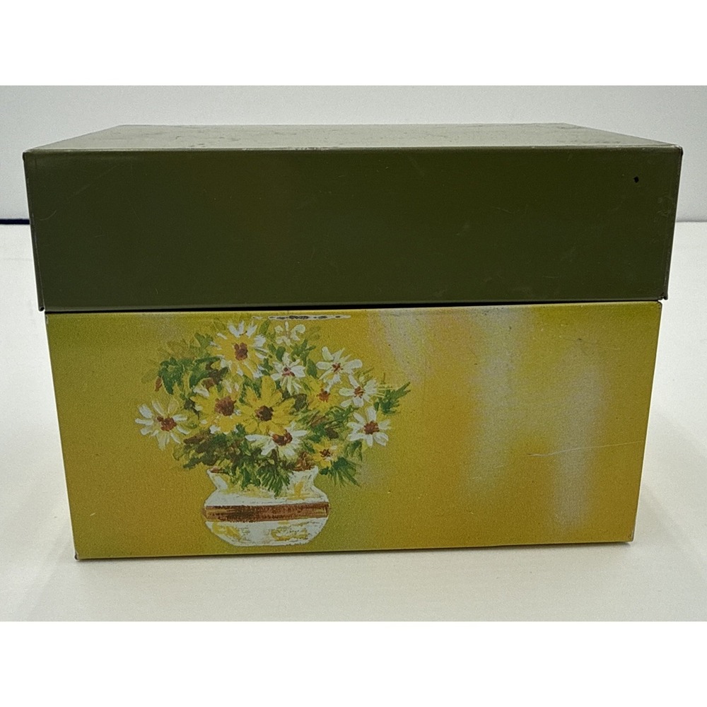 Vtg Ohio Art Co Tin Metal Recipe Box Card Holder Green & Yellow Floral